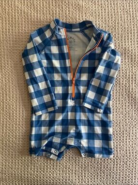 Primary Blue and White Check Long-Sleeve Swim Romper with Orange Zip